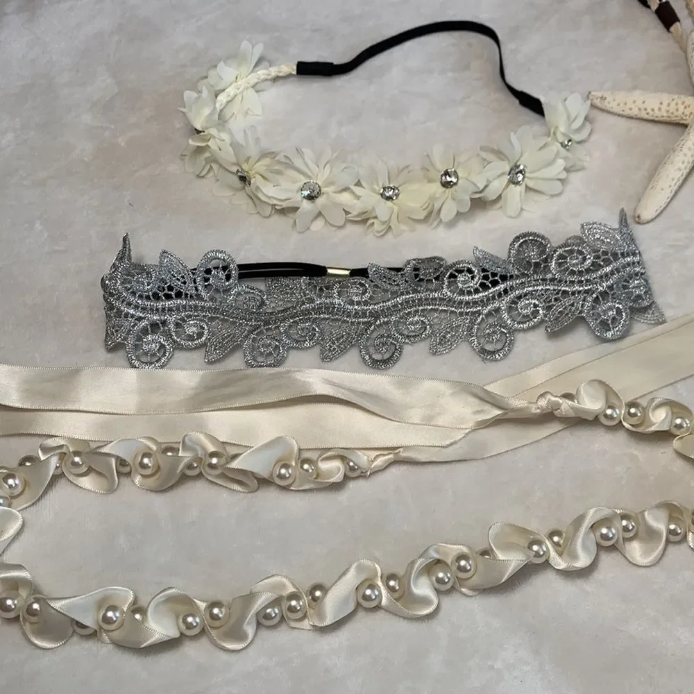 Lot of Four Headbands Cream and Silver Theme Starfish Faux Pearl Lace